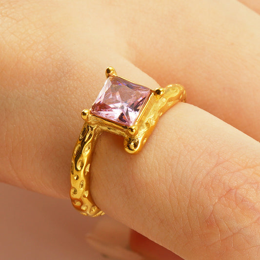 Gold Plated Adjustable Ring with Pink Zircon