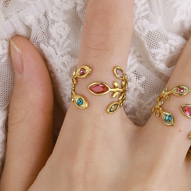 Gold Colorful Leaf Crystal Ring