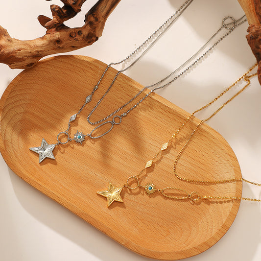 Silver Double Layer Star Pendant Necklace