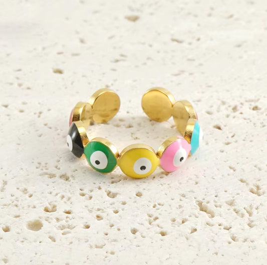 Round Evil Eyes Ring in 18k Gold-Plated Stainless Steel