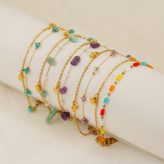 Double-Layer Bracelet with Heart Charm & Natural Stone Beads in 18k Gold-Plated Stainless Steel