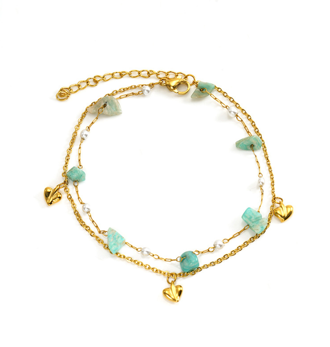 Double-Layer Bracelet with Heart Charm & Natural Stone Beads in 18k Gold-Plated Stainless Steel