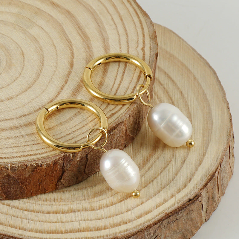 Pendant Earrings with Freshwater Pearl in 18k Gold-Plated Stainless Steel