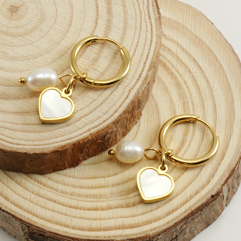Heart and Pearl Drop Earrings in 18k Gold-Plated Stainless Steel