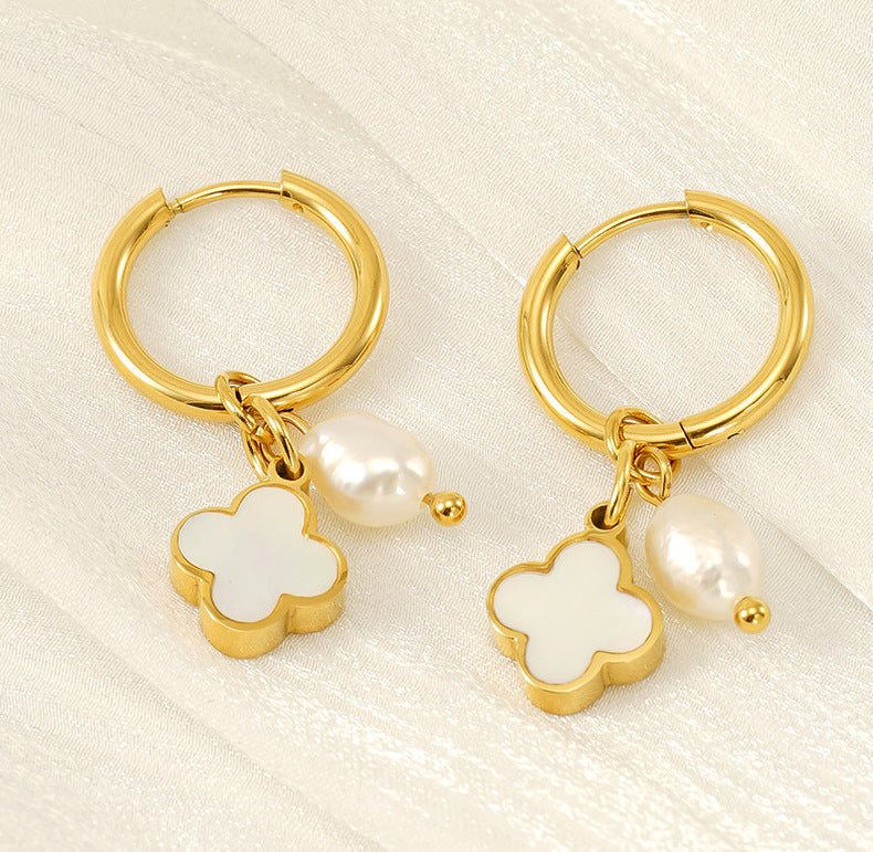 Clover Pearl Drop Earrings in 18k Gold-Plated Stainless Steel