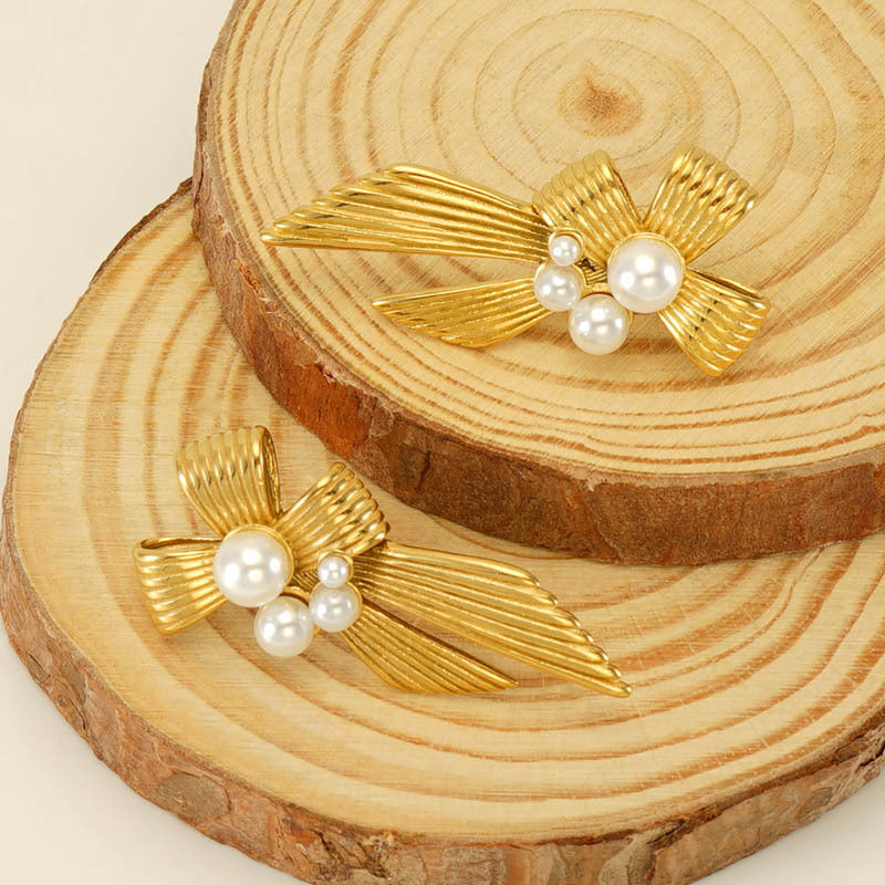 Pearl Bow Stud Earrings in 18k Gold-Plated Stainless Steel