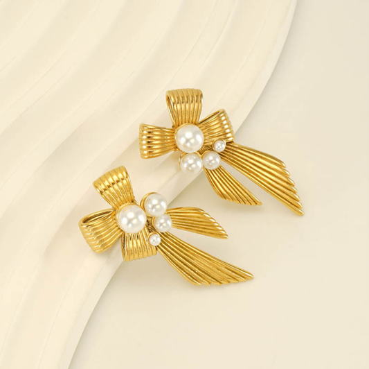 Pearl Bow Stud Earrings in 18k Gold-Plated Stainless Steel
