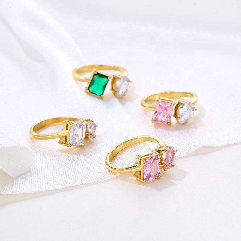 Green & Clear Zircon Gold Ring 18K Gold Plated Stainless Steel