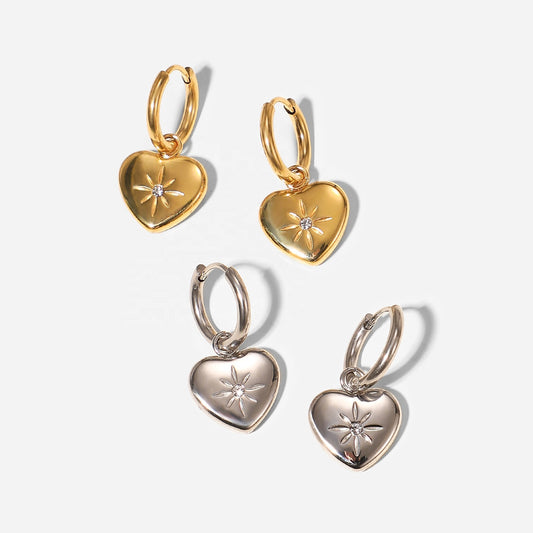 Heart Dangle Charm Hoop Earrings 18K Gold Plated Stainless Steel