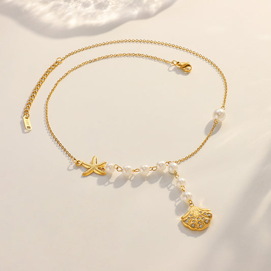 Pearl Starfish Shell Necklace 18K Gold Plated Stainless Steel