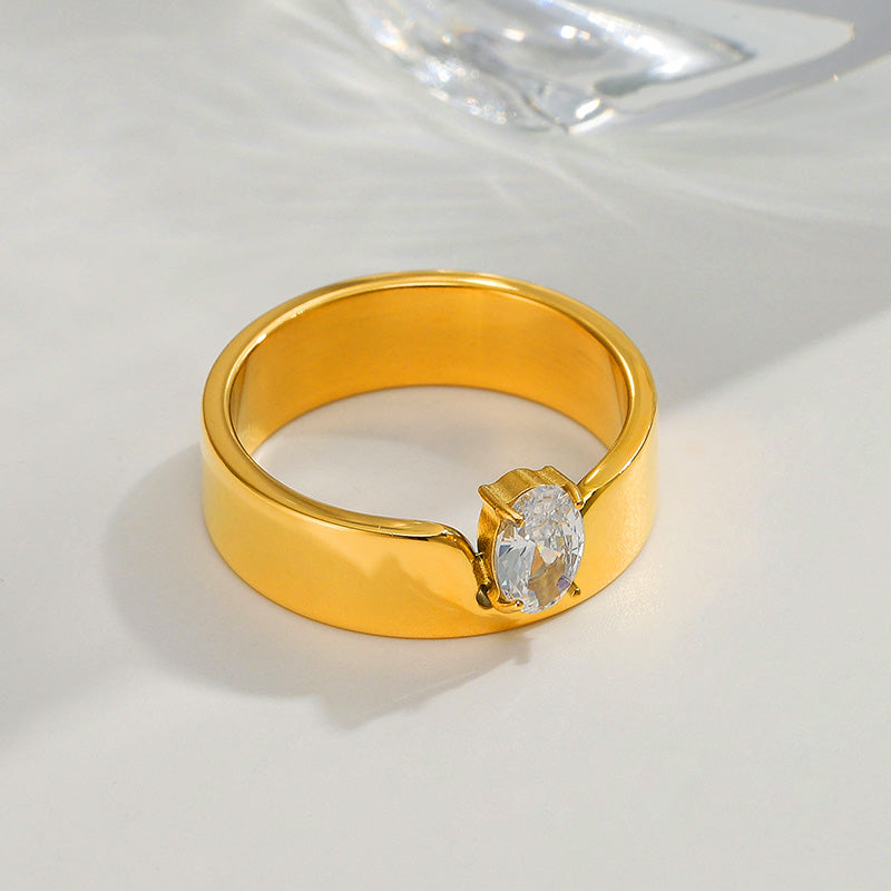 Oval Stone Band Ring 18K Gold Plated Stainless Steel