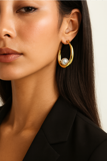 Unique Sculpted Pearl Hoop Earrings 18K Gold Plated Stainless Steel