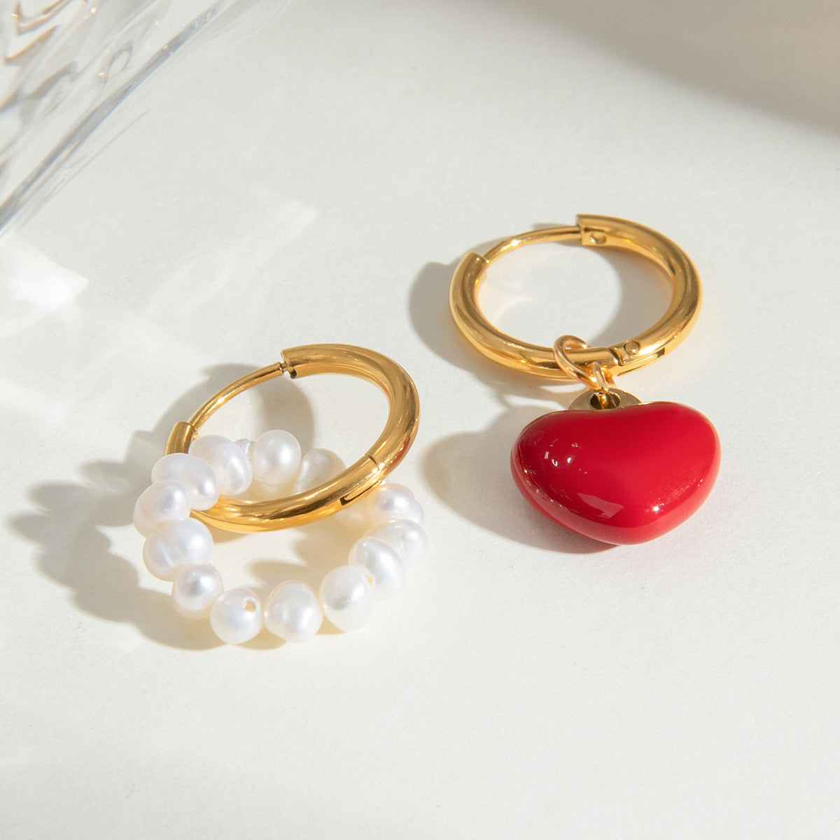 Heart and Pearl Hoop Earrings 18K Gold Plated Stainless Steel