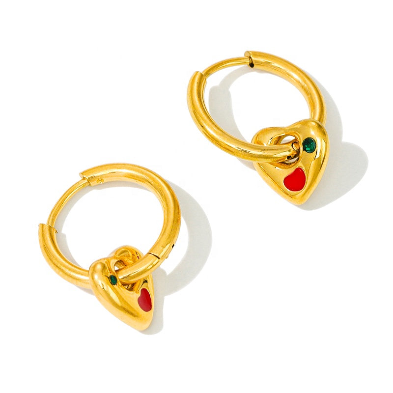 Gold Heart Charm Hoop Earrings 18K Gold Plated Stainless Steel
