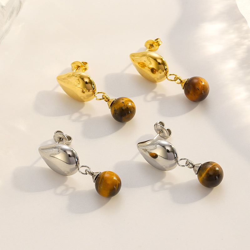 Tiger’s Eye Water Drop Earrings Silver Plated Stainless Steel