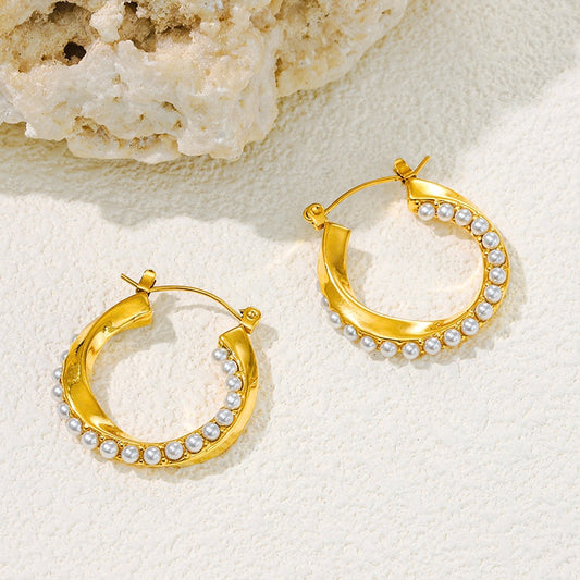 Pearl Lined Hoop Earrings 18K Gold Plated Stainless Steel