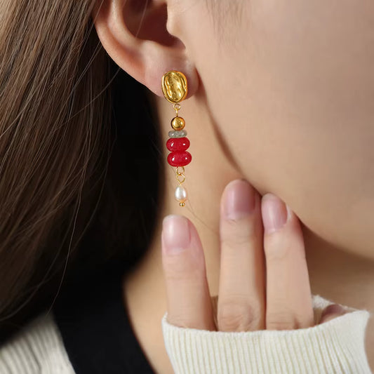 Red Gemstone Pearl Drop Stud Earrings 18K Gold Plated Stainless Steel