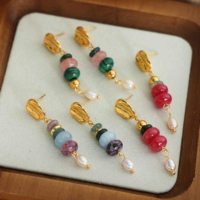 Green and Pink Gemstone Pearl Drop Stud Earrings 18K Gold Plated Stainless Steel