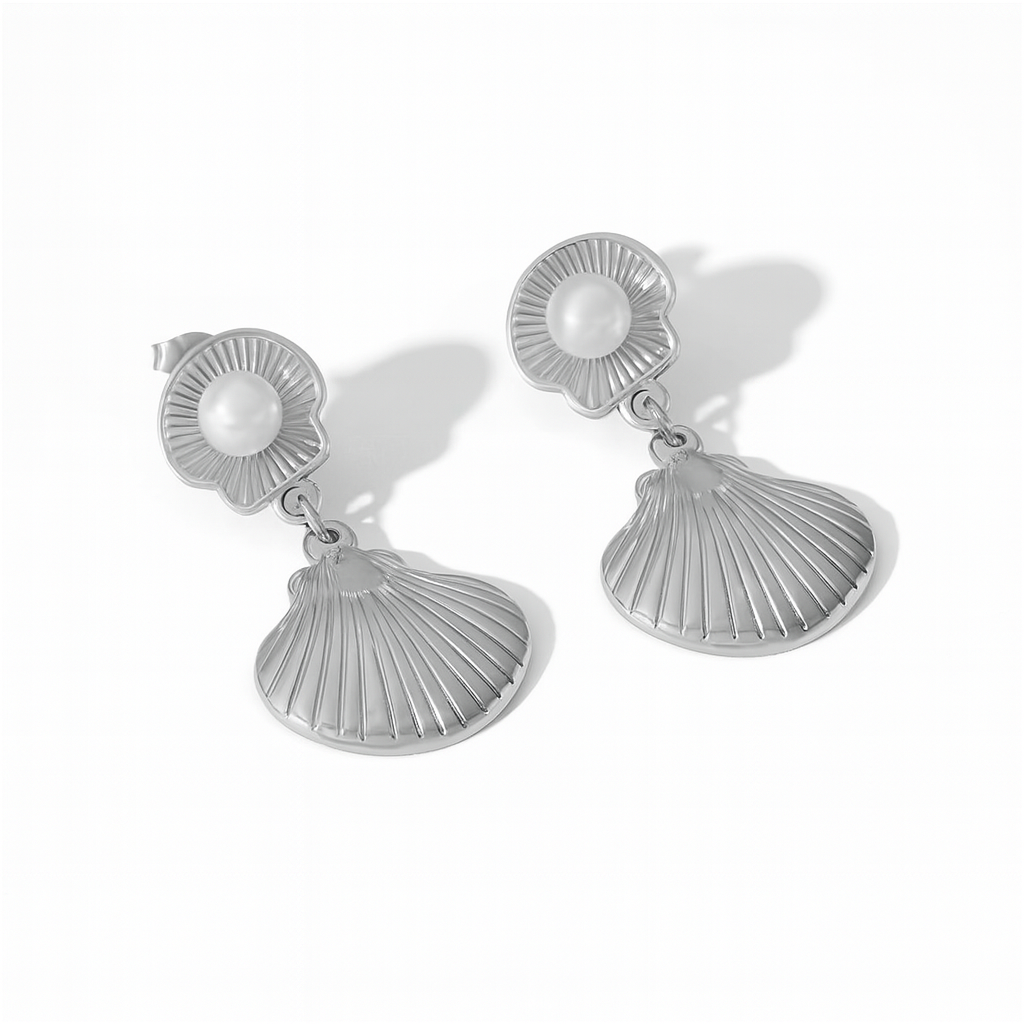 Silver Double Seashell Pearl Earrings