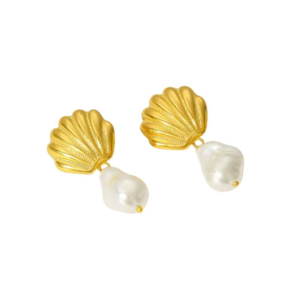 Gold Summer Seashell Pearl Drop Earrings