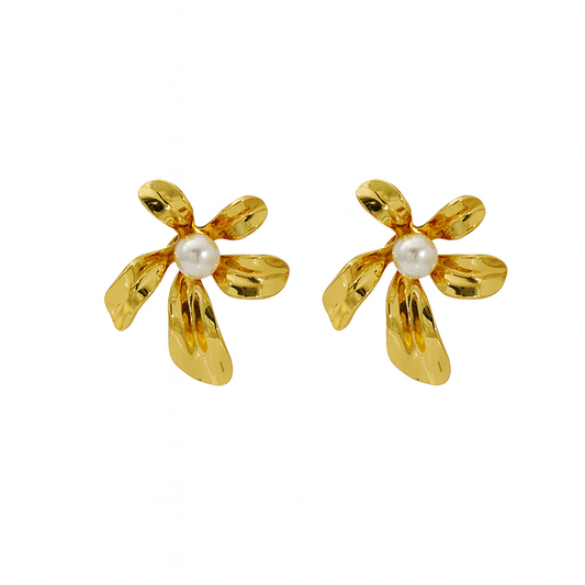 Flower-Inspired 18K Gold Plated Earrings with Pearl