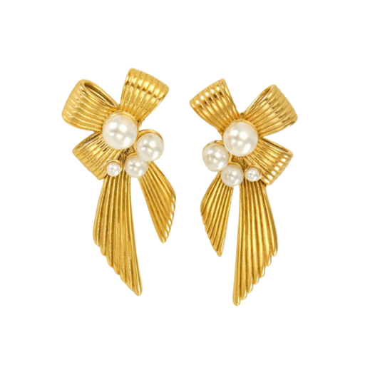 Pearl Bow Stud Earrings in 18k Gold-Plated Stainless Steel