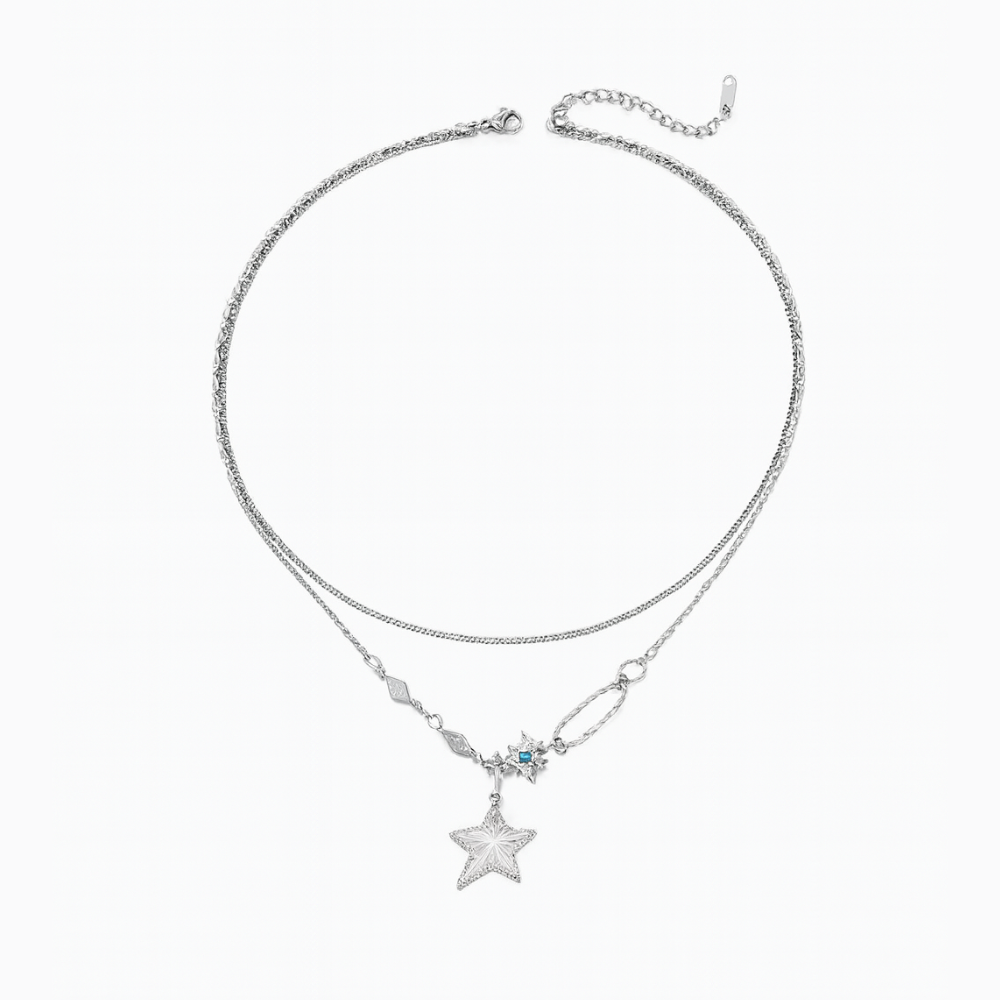 Silver Double Layer Star Pendant Necklace
