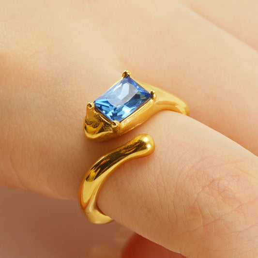 Unique Ring with Blue Crystal in 18k Gold Plated Stainless Steel