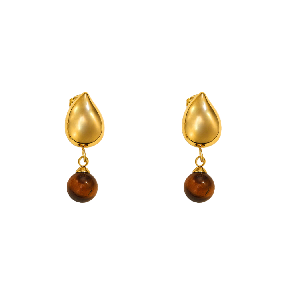 Tiger’s Eye Water Drop Earrings 18K Gold Plated Stainless Steel