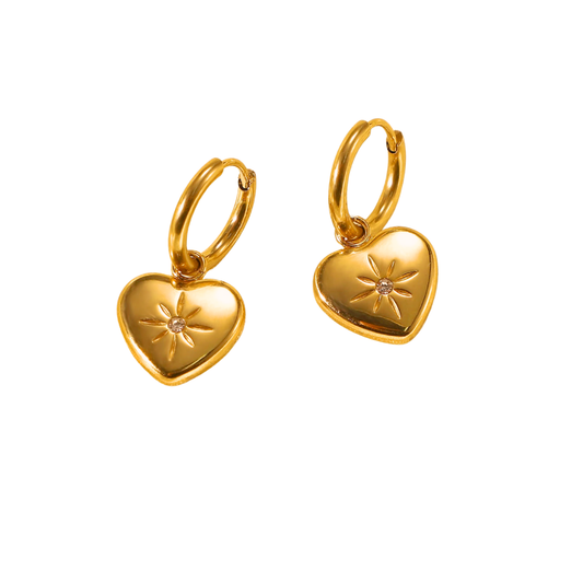 Heart Dangle Charm Hoop Earrings 18K Gold Plated Stainless Steel