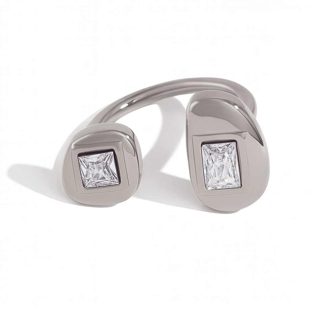 Silver Stainless Steel Square Zircon Open Ring