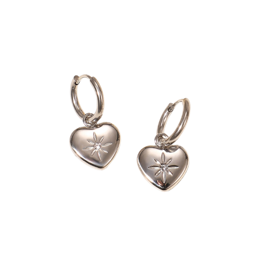 Heart Dangle Charm Hoop Earrings Silver Plated Stainless Steel