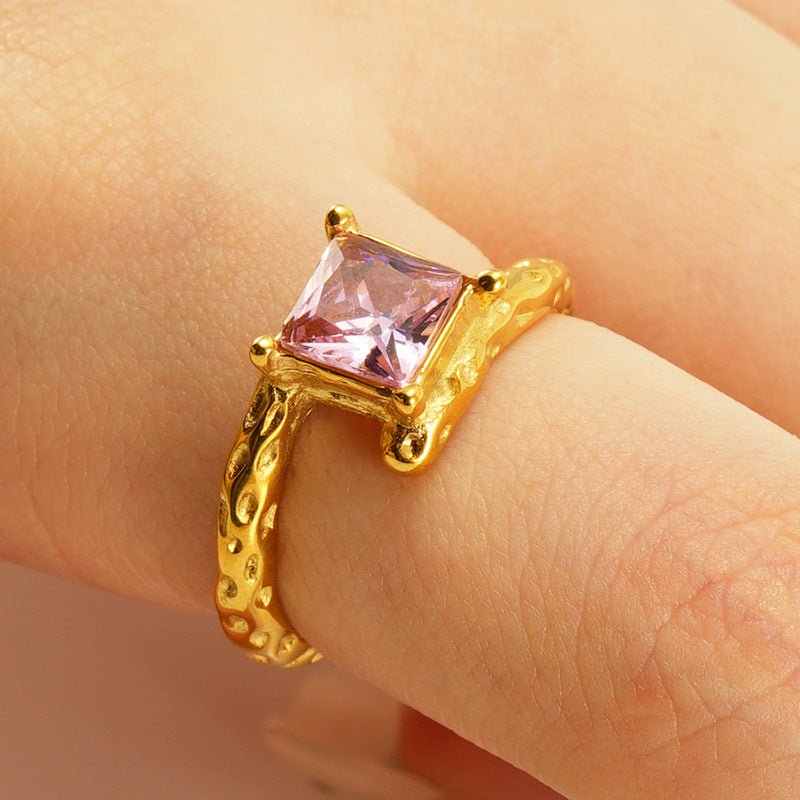 Gold Plated Adjustable Ring with Pink Zircon