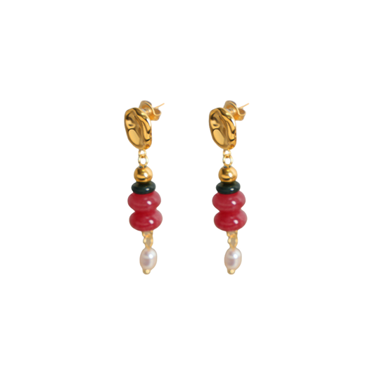 Red Gemstone Pearl Drop Stud Earrings 18K Gold Plated Stainless Steel
