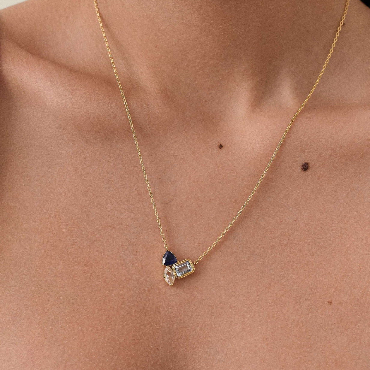 18K Unique Three Blue-Toned Zirconias Necklace