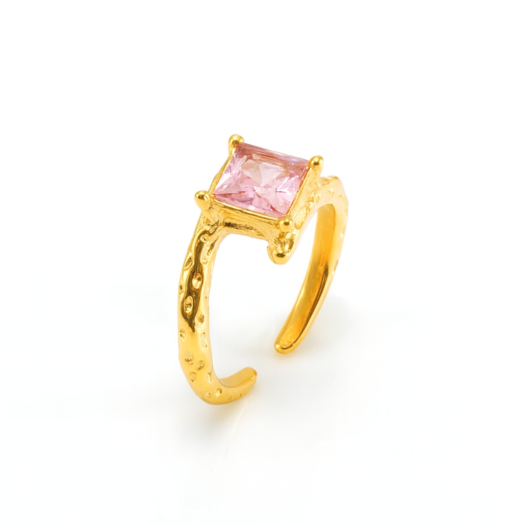 Gold Plated Adjustable Ring with Pink Zircon