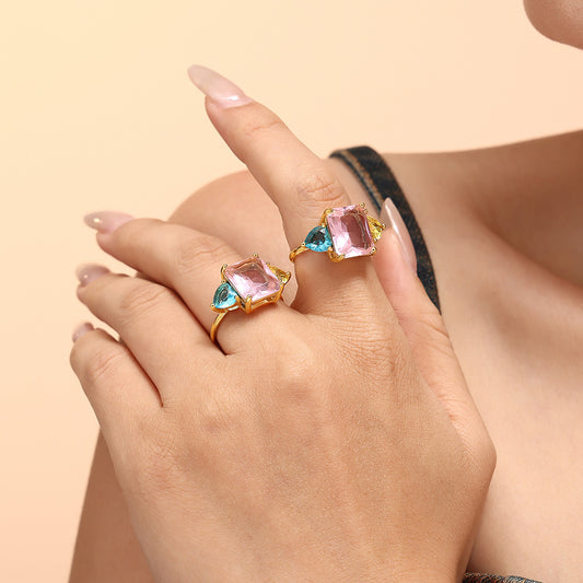 Unique Gold Plated Multicolor Square Zircon Ring