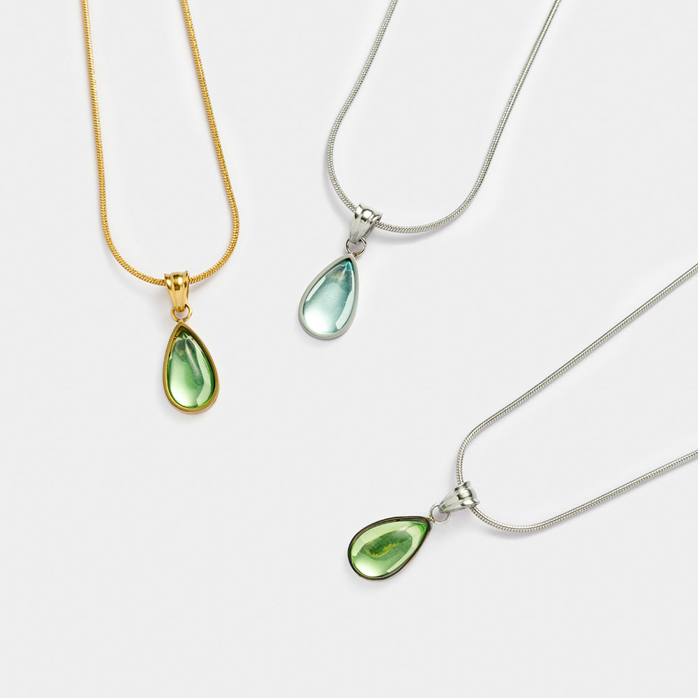 Gold Necklace with Translucent Green Water-Drop Pendant