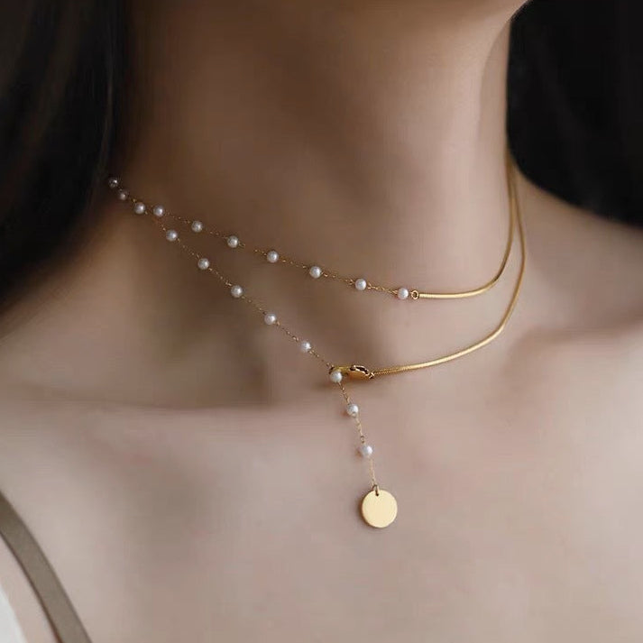 Gold Double Layer Pearl & Snake Chain Necklace