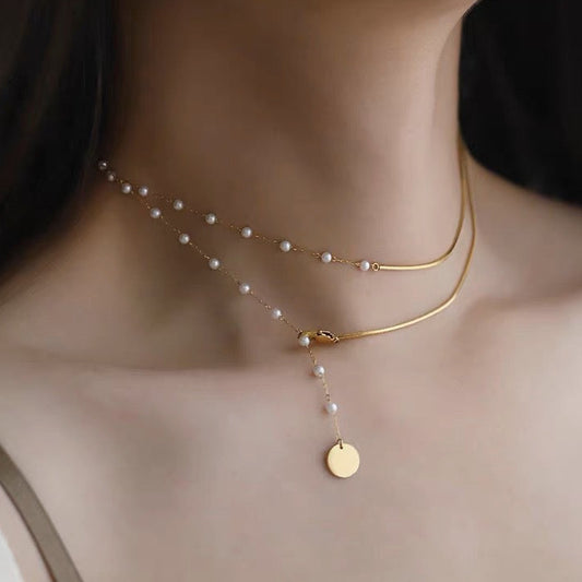 Gold Double Layer Pearl & Snake Chain Necklace
