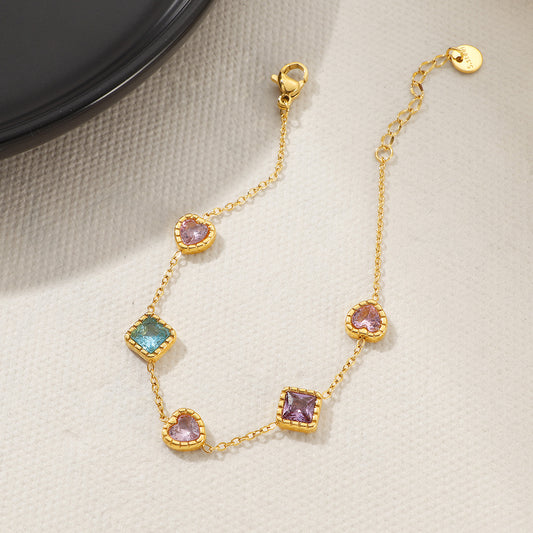 Colorful Heart & Square Zircon Bracelet 18K Gold Plated Stainless Steel