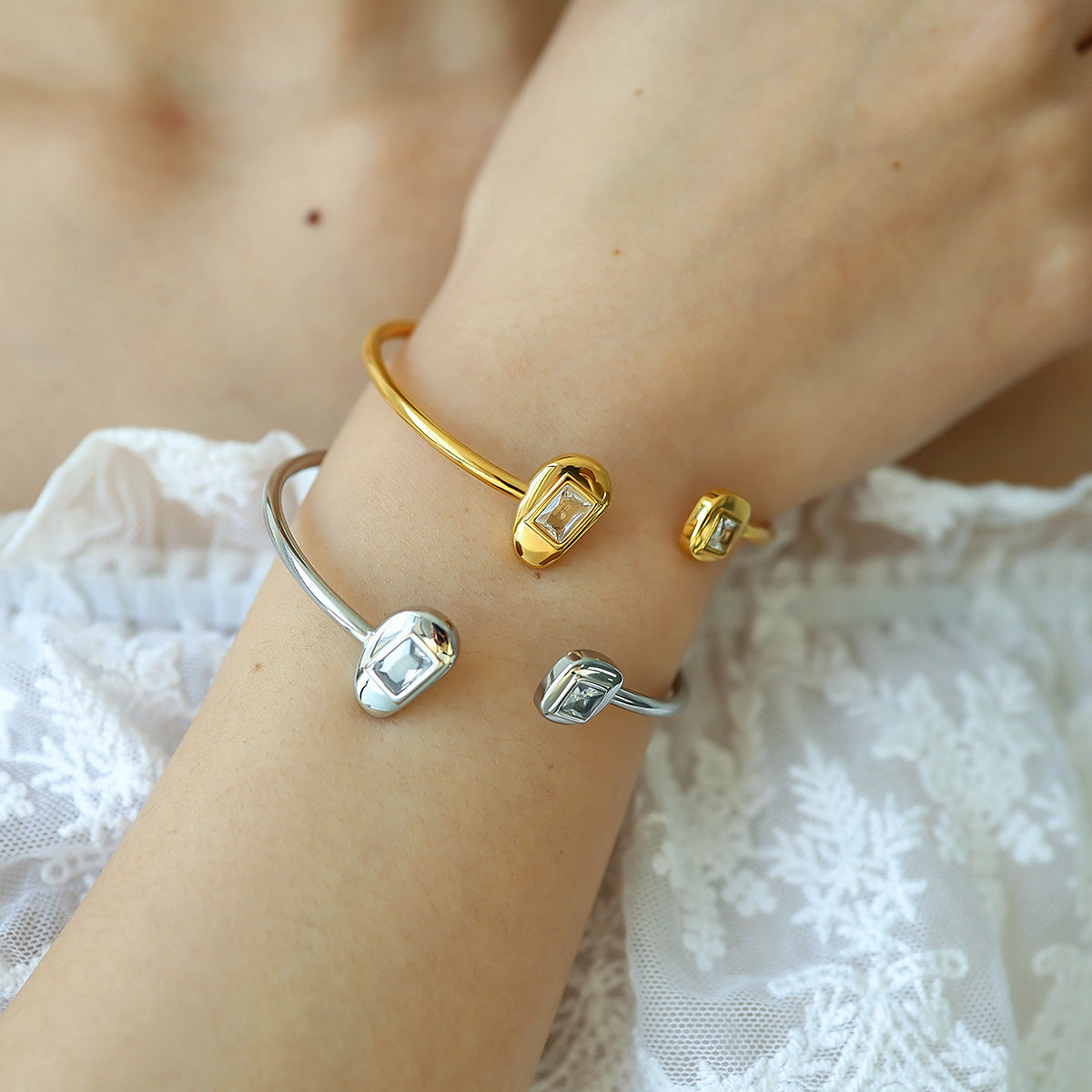 Zircon Open Bangle 18K Gold Plated Stainless Steel