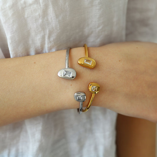 Zircon Open Bangle Silver Plated Stainless Steel