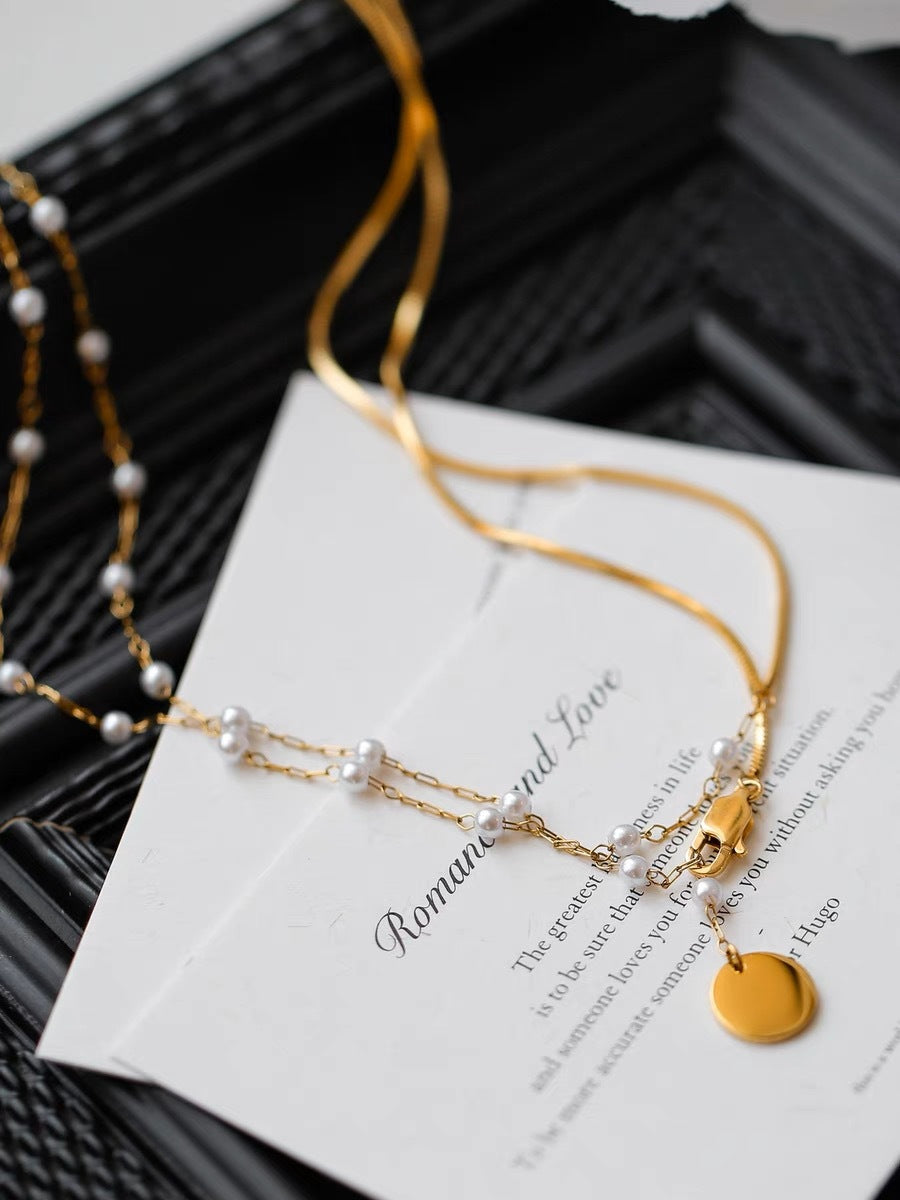 Gold Double Layer Pearl & Snake Chain Necklace