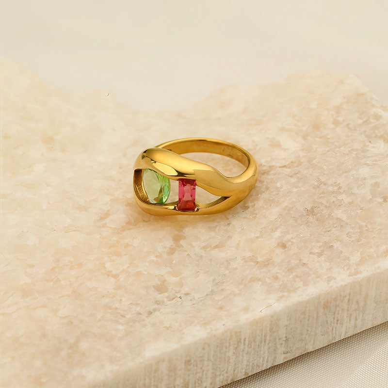 18K Gold Plated Unique Two Zircon Ring Stainless Steel