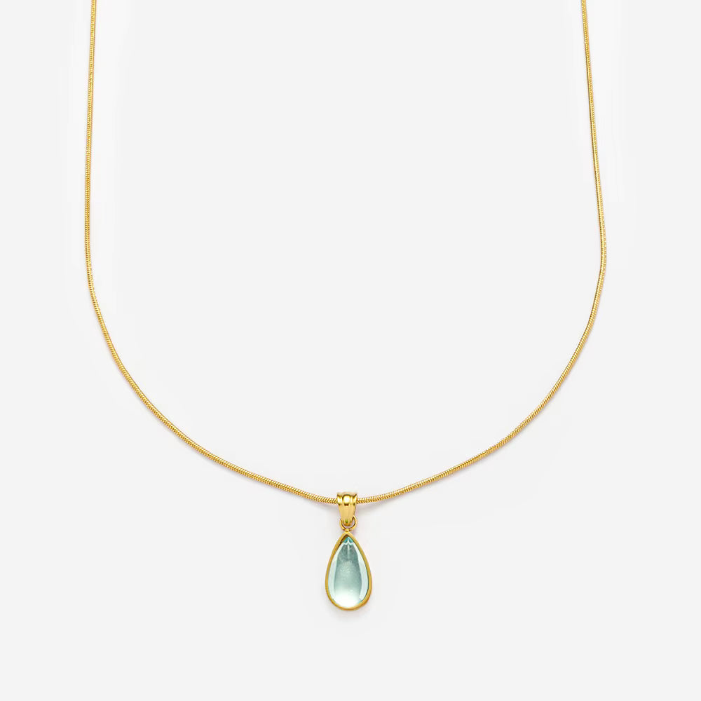 Gold Necklace with Translucent Blue Water-Drop Pendant