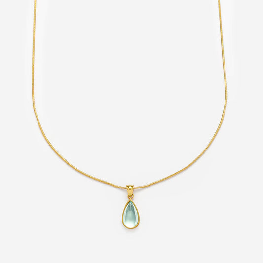 Gold Necklace with Translucent Blue Water-Drop Pendant