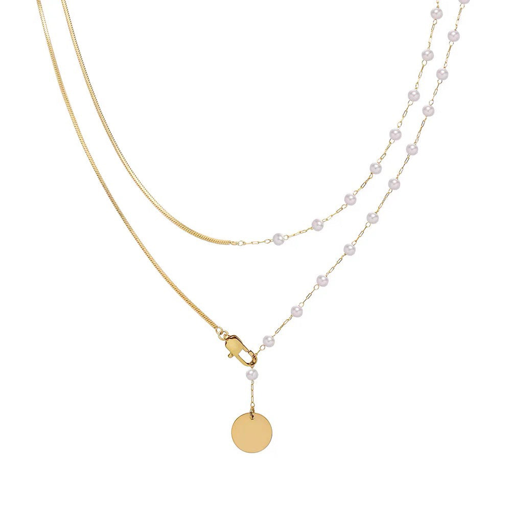 Gold Double Layer Pearl & Snake Chain Necklace
