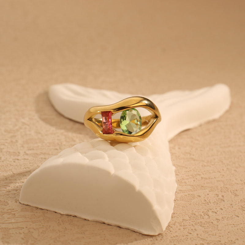 18K Gold Plated Unique Two Zircon Ring Stainless Steel