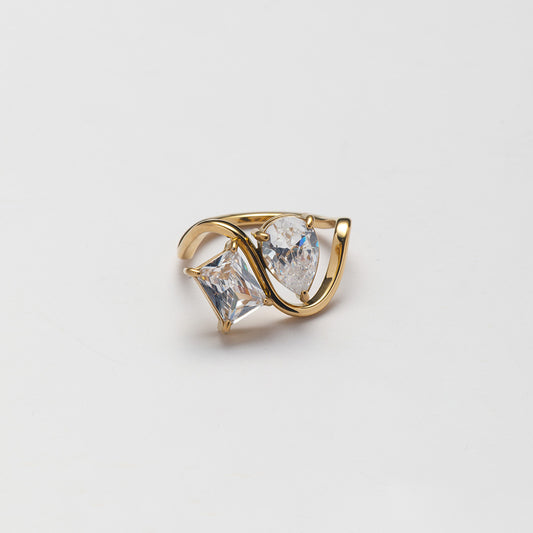 Gold Plated Square & Teardrop Zircon Ring